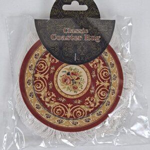 Round Arabic Rug Set of 4 Drink Coasters Red Cream Floral Fringe  NWT